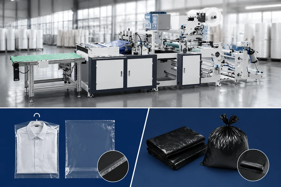 side seal vs bottom seal bag making machine in a realistic industrial application scene setting